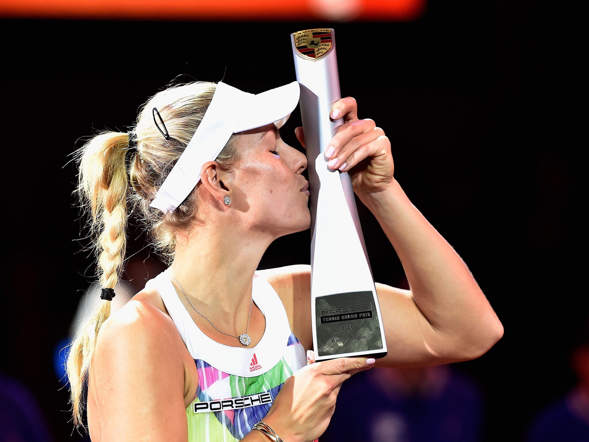 Angelique Kerber celebrates her victory at the Stuttgart Grand Prix