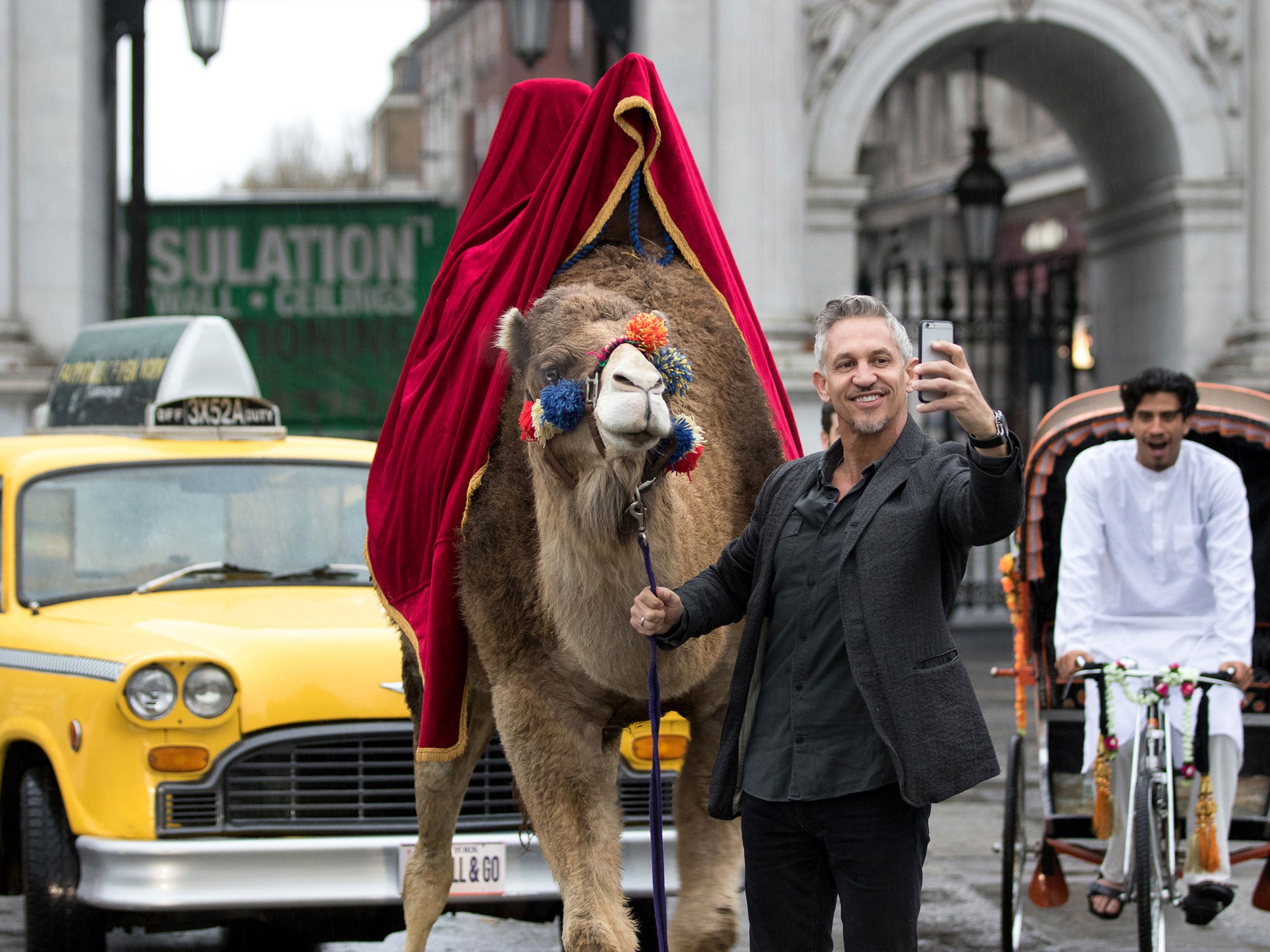 Gary Lineker in central London filming for a Walkers advert with that camel