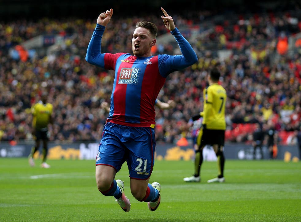 Connor Wickham celebrates scoring the second goal for Crystal Palace during the FA Cup semi-final