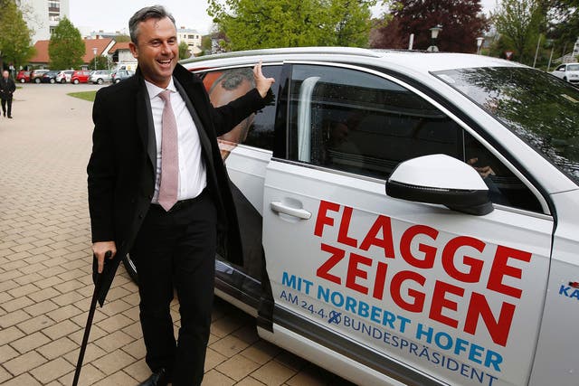 The candidate of the far-right Freedom Party, Norbert Hofer, arrives at the polling station at the first round of elections on April 24, 2016