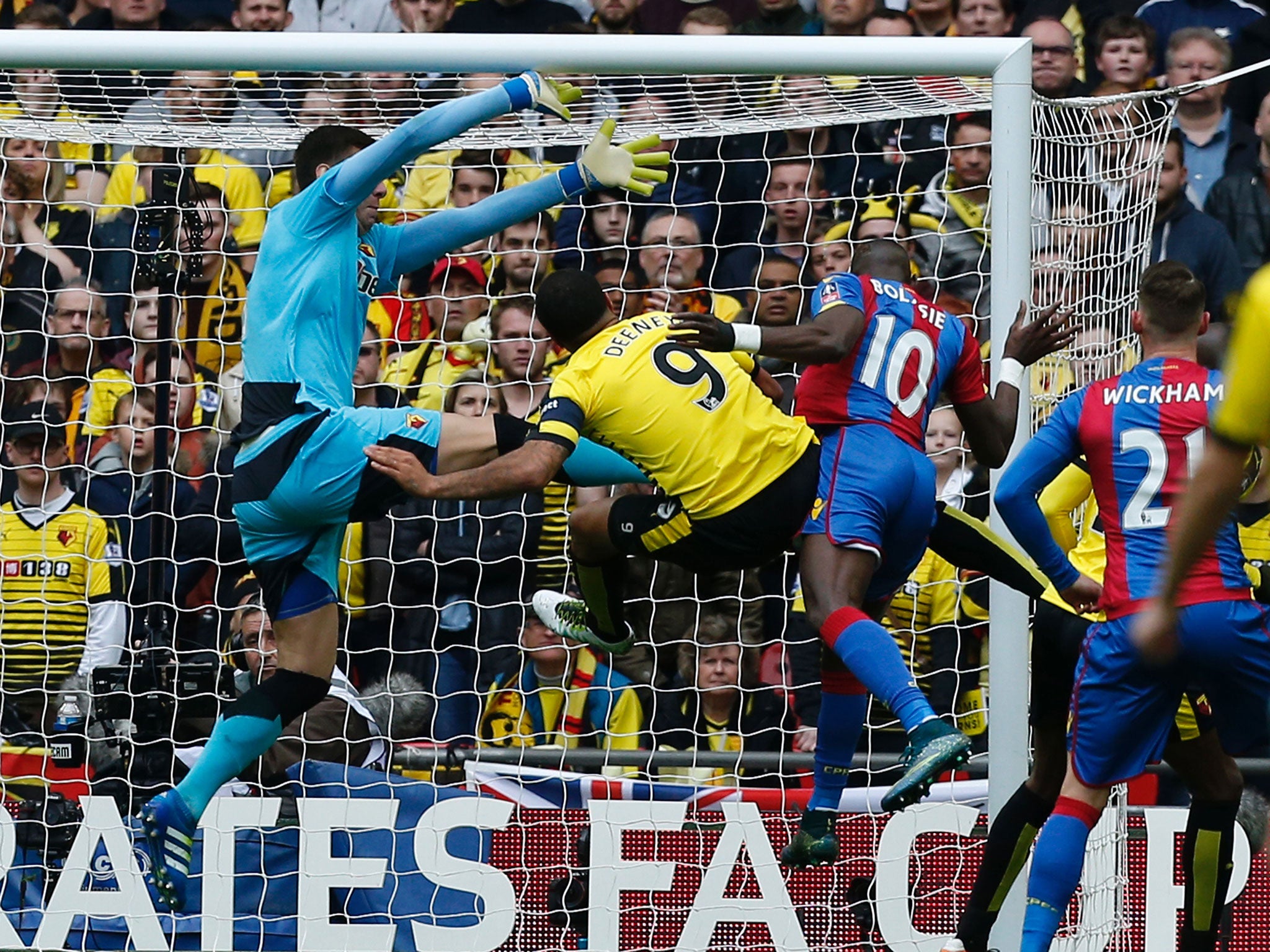 Yannick Bolasie heads in the opening goal in the Cup semi-final