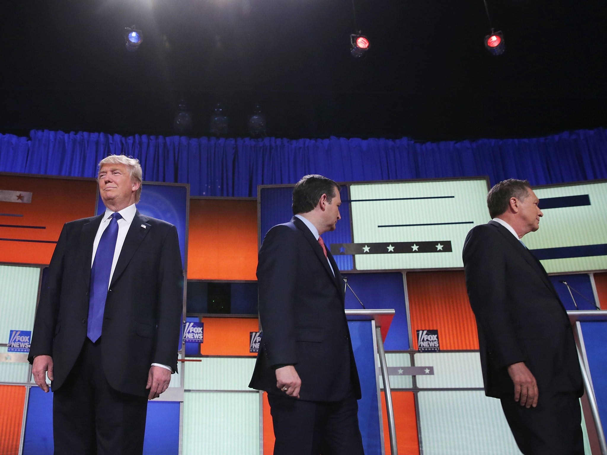 Republican presidential candidates (Lto R) Donald Trump, Sen. Ted Cruz and Ohio Gov. John Kasich