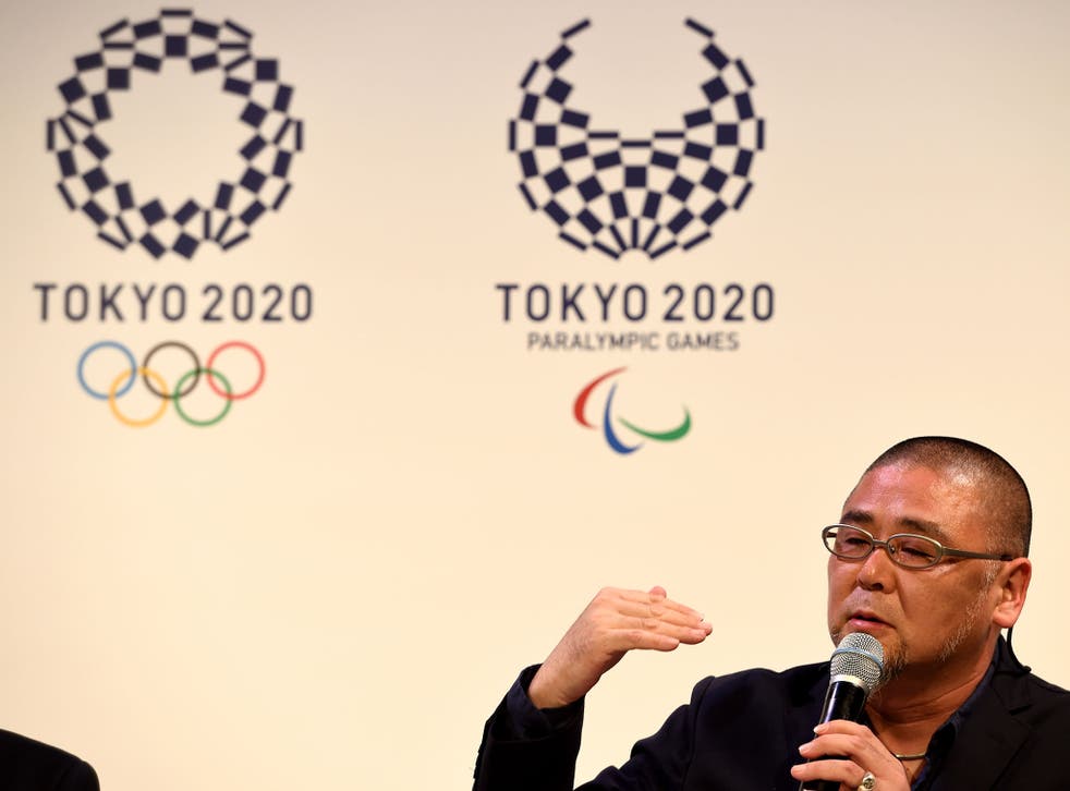 Tokyo-based designer Asao Tokolo speaks during a press conference at the Tokyo 2020 emblem unveiling