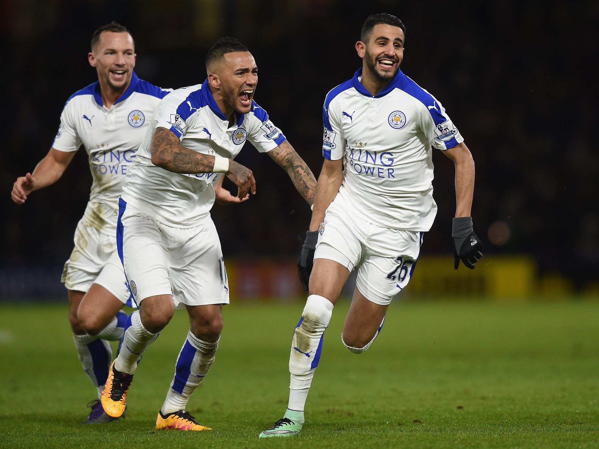 Riyad Mahrez celebrates with Danny Simpson (Getty )