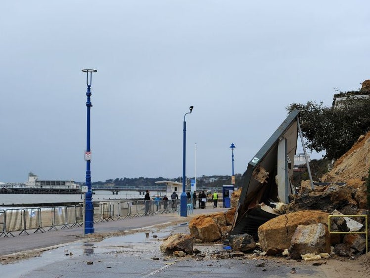 The collapsed cliff next to the East Cliff funicular railway on Bournemouth Beach