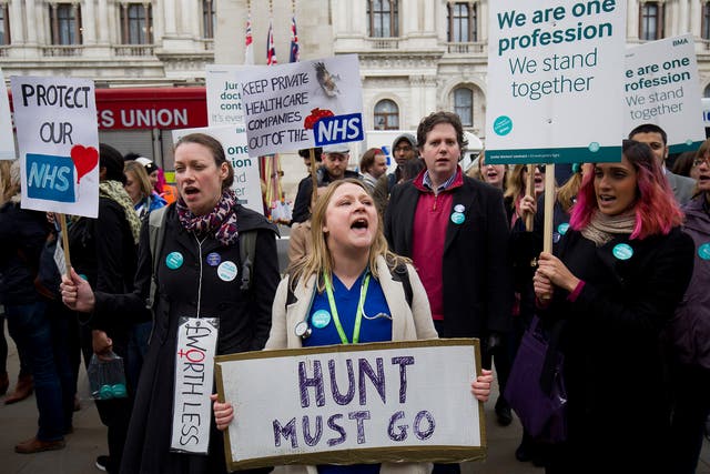 A protest by striking junior doctors outside the Department of Health in central London on April 6, 2016,
