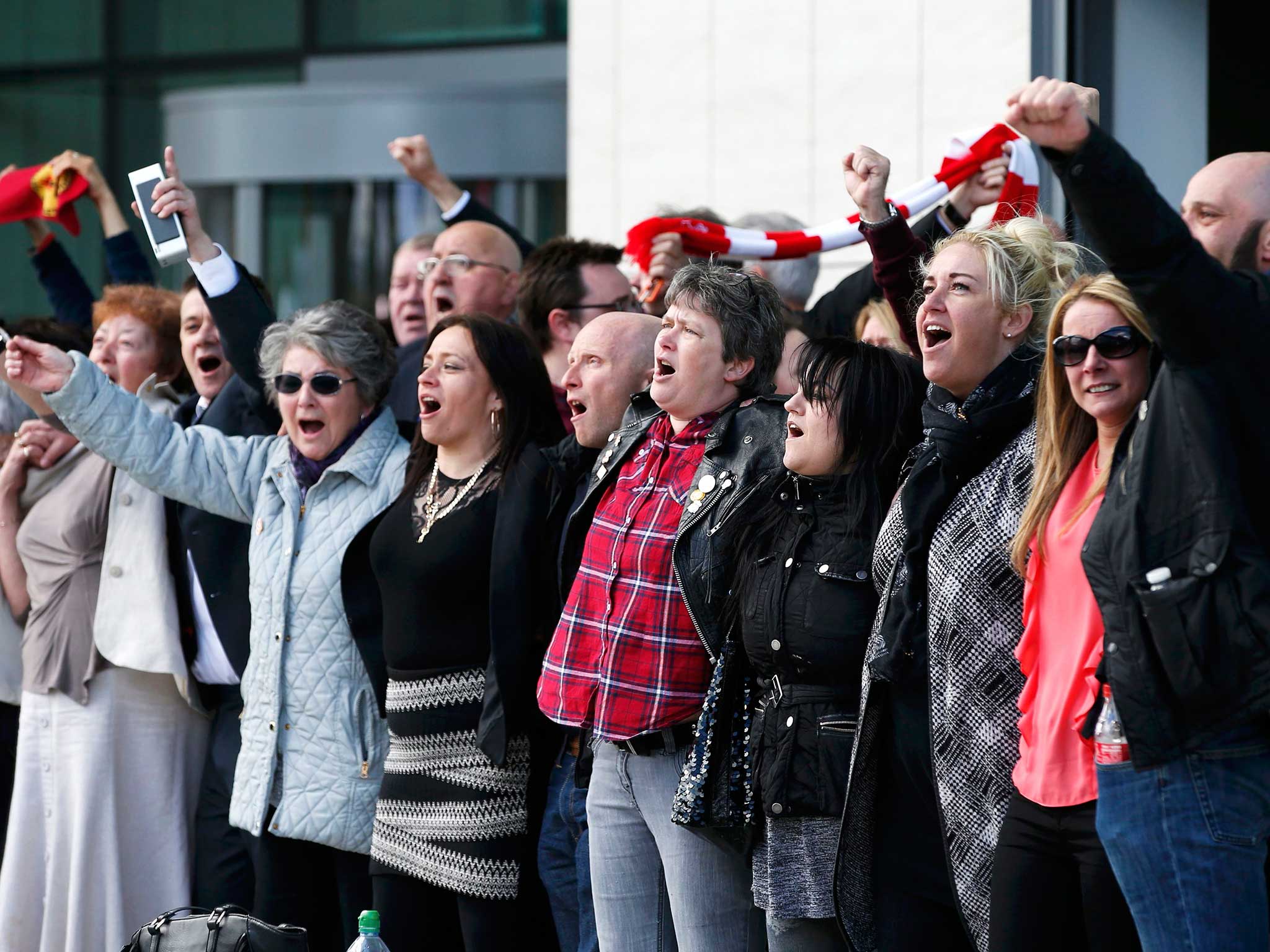 Relatives sing "You'll never walk alone" after the jury delivered its verdict at the new inquests into the Hillsborough disaster