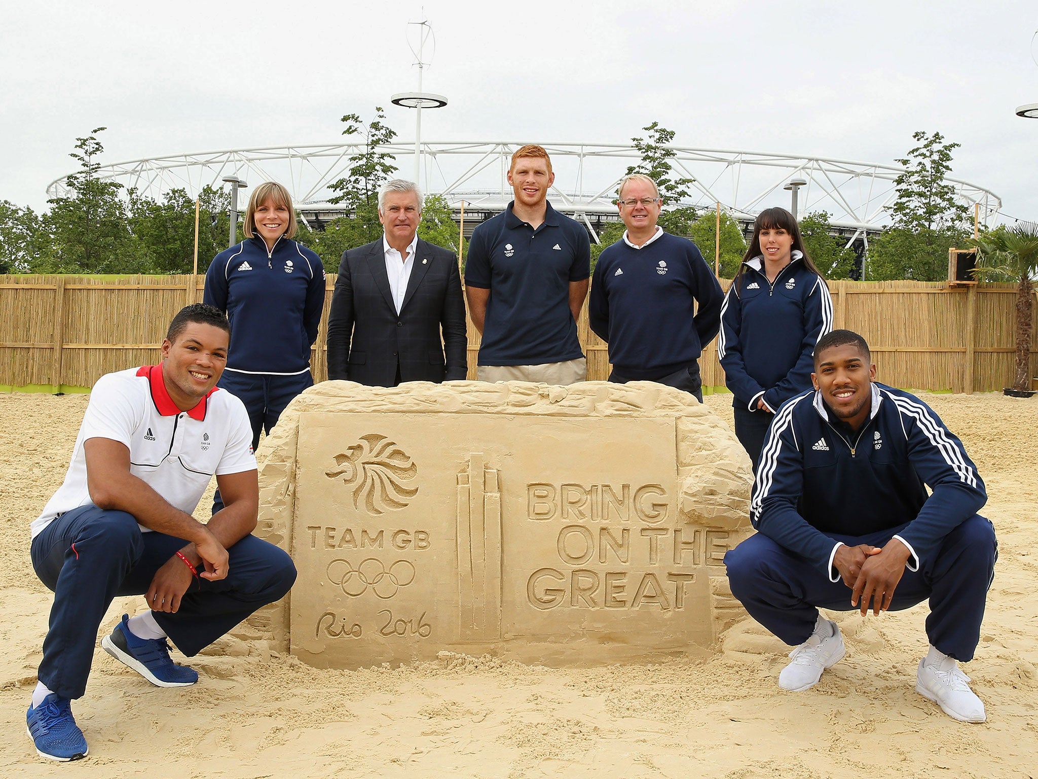 (L - R) Joe Joyce, Kate Richardson Walsh BOA CEO Bill Sweeney, James Rodwell, Team GB Chef de Mission Mark England, Beth Tweddle and Anthony Joshua pose for a photo to celebrate one year to go until the Rio 2016 Olympic Games