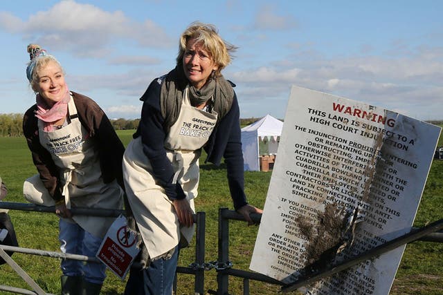 Emma Thompson (right) and her sister Sophie at a potential fracking site near Preston, where they have broken a court injunction to film a pastiche episode of the Great British Bake Off