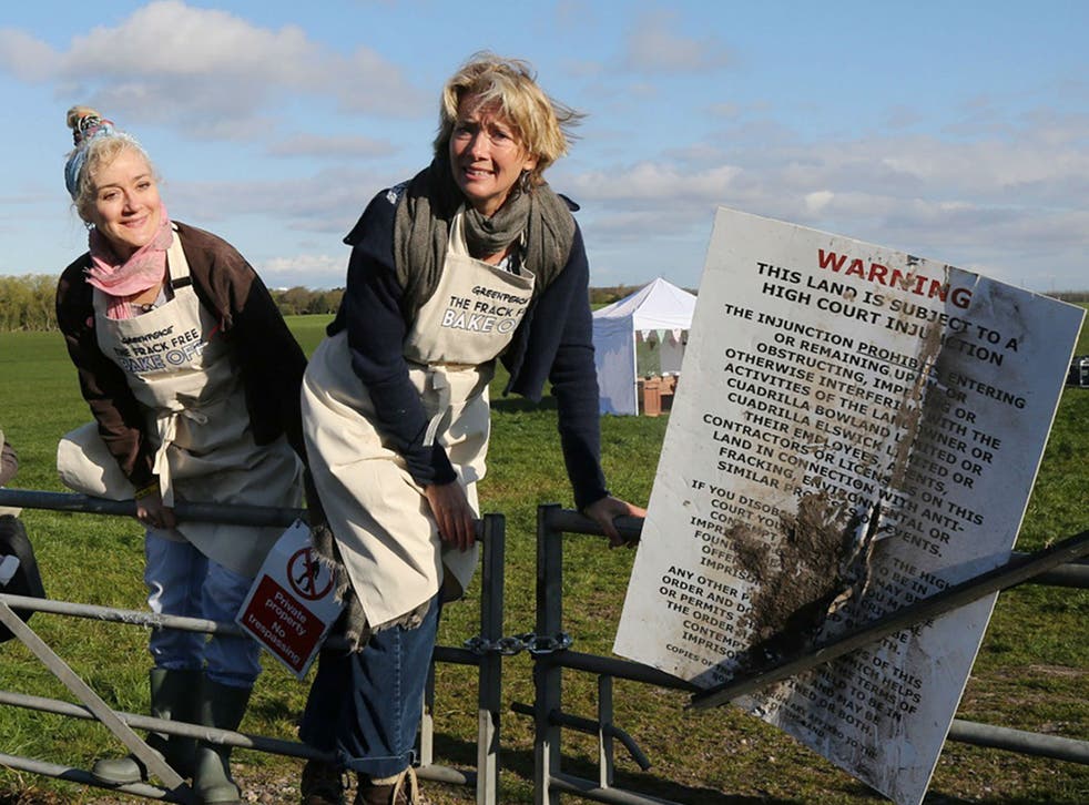 Emma Thompson (right) and her sister Sophie at a potential fracking site near Preston, where they have broken a court injunction to film a pastiche episode of the Great British Bake Off