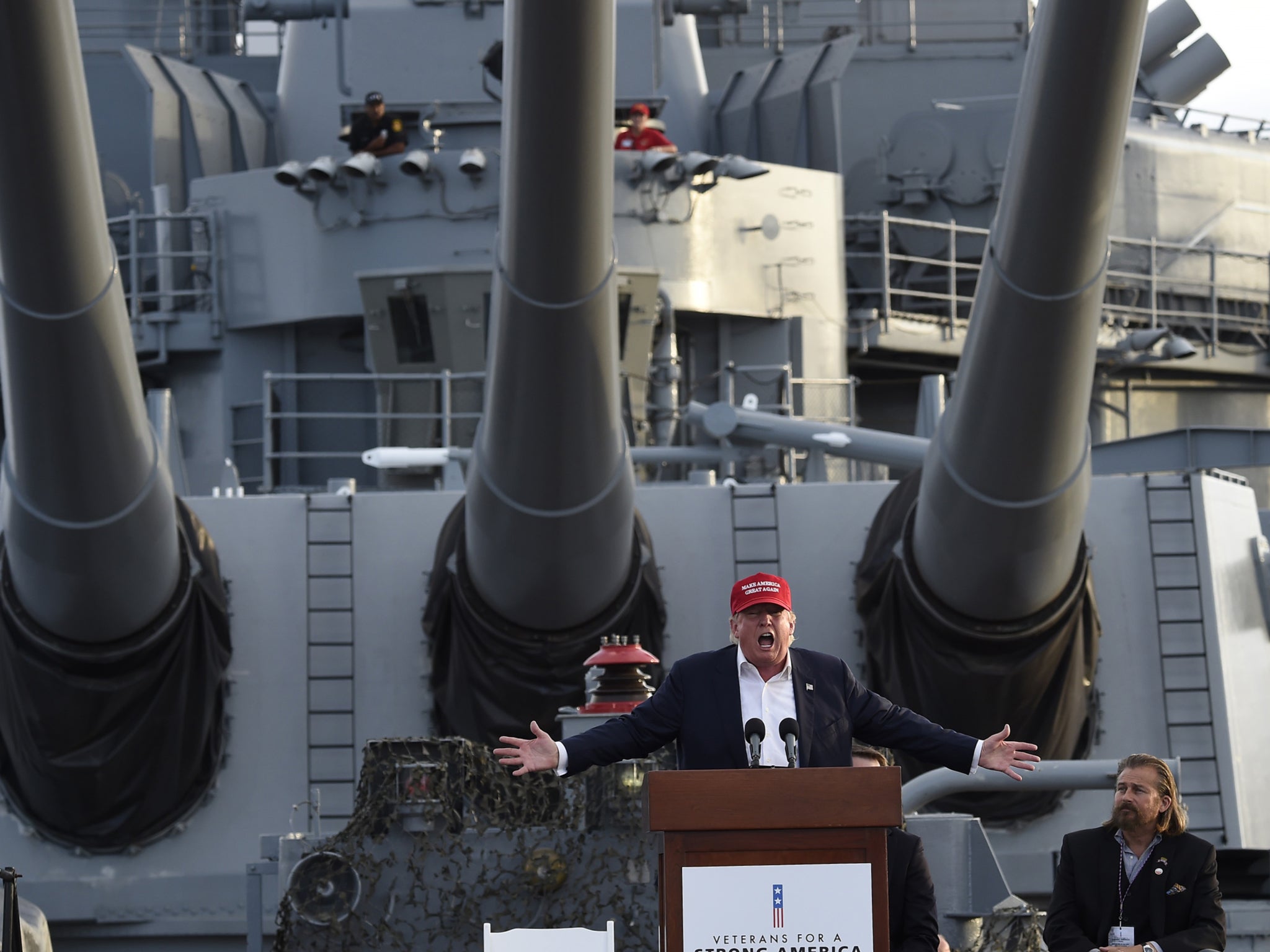 Donald Trump delivers a speech aboard a World War II battleship in September Robyn Beck/Getty