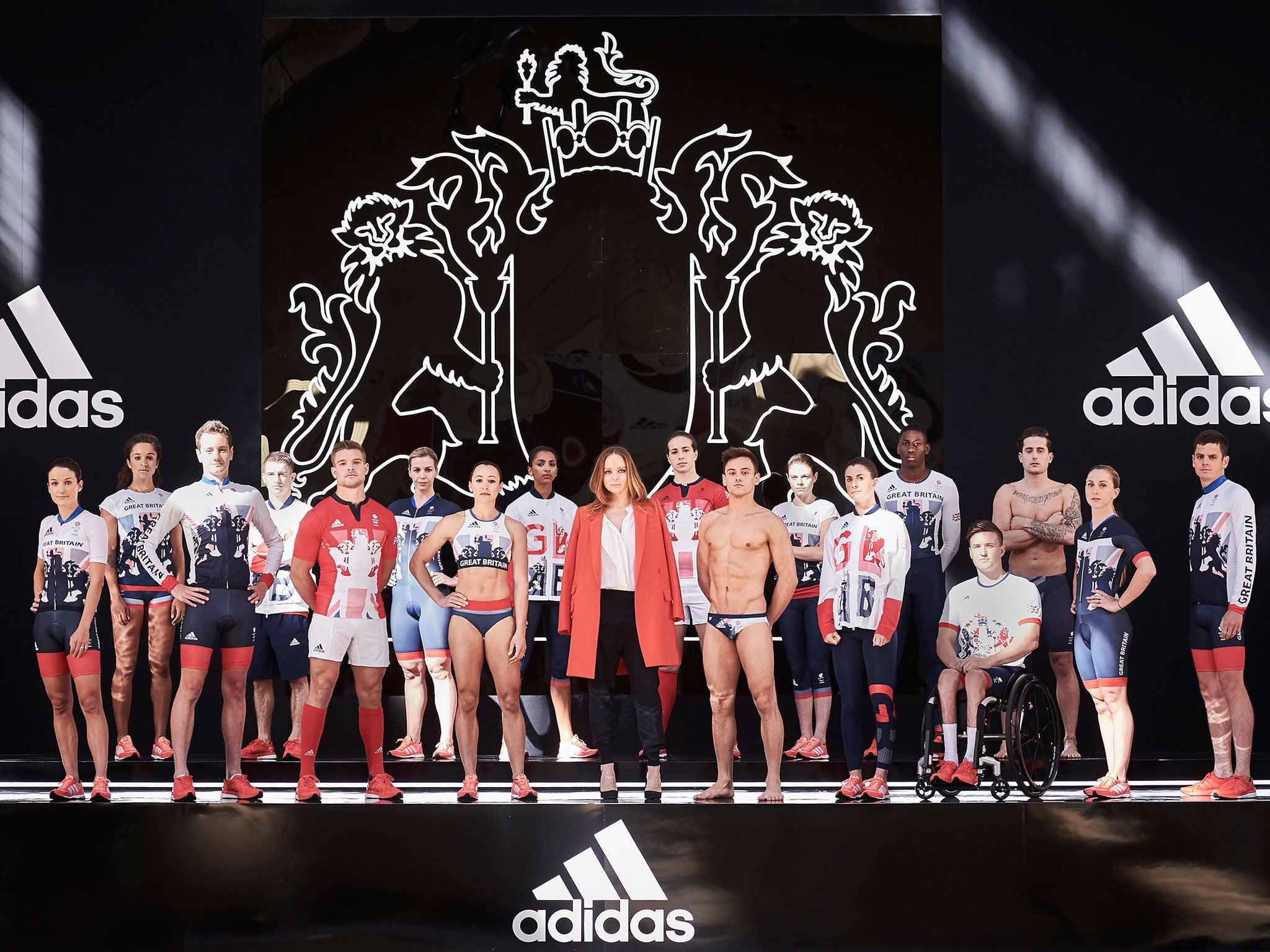 Stella McCartney on stage with the athletes at the unveiling