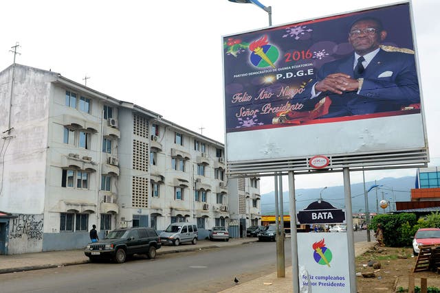 An election poster for President Teodoro Obiang Nguema in Malabo