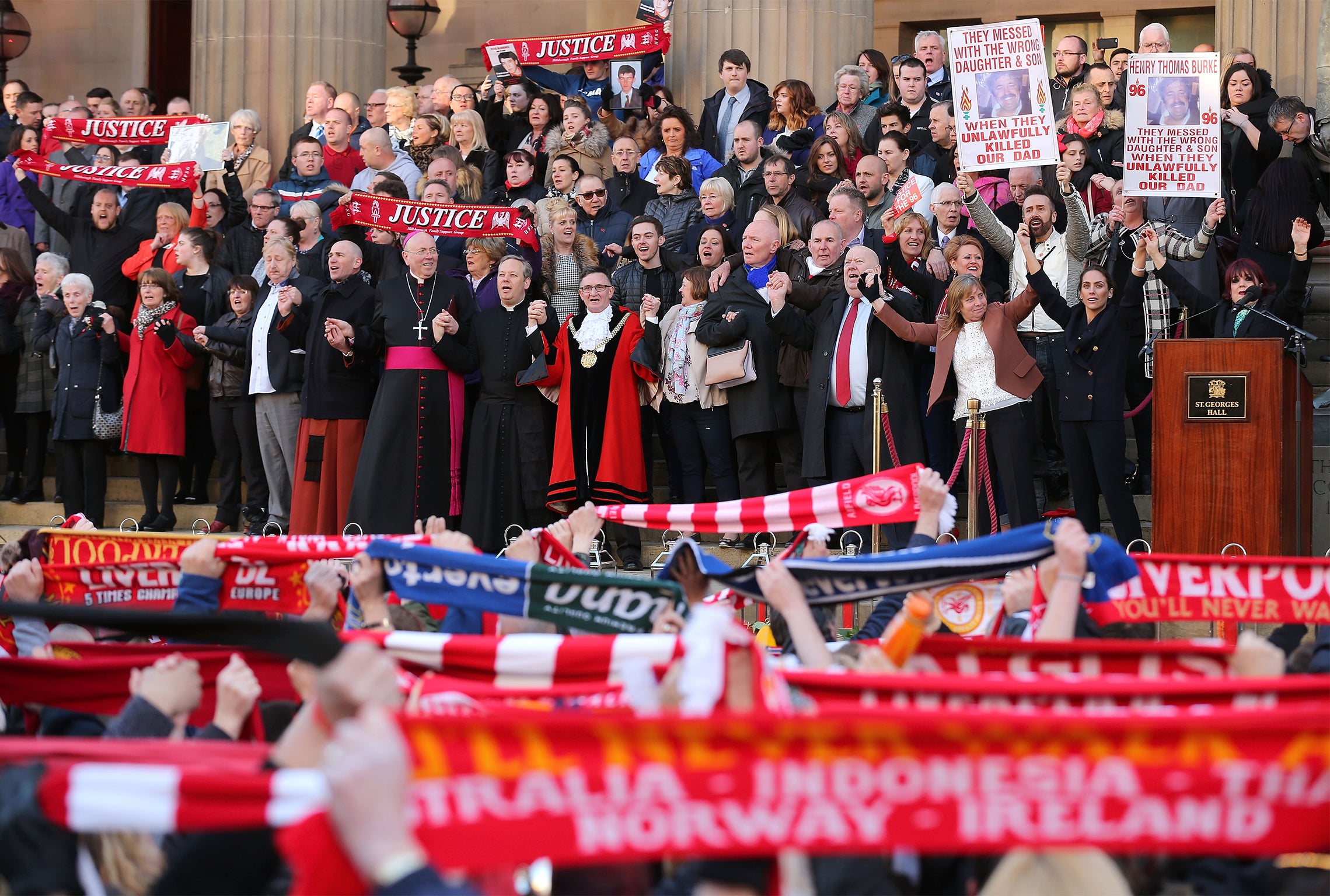 'You'll never walk alone' is sung by the thousands gathered at Saint George's Hall