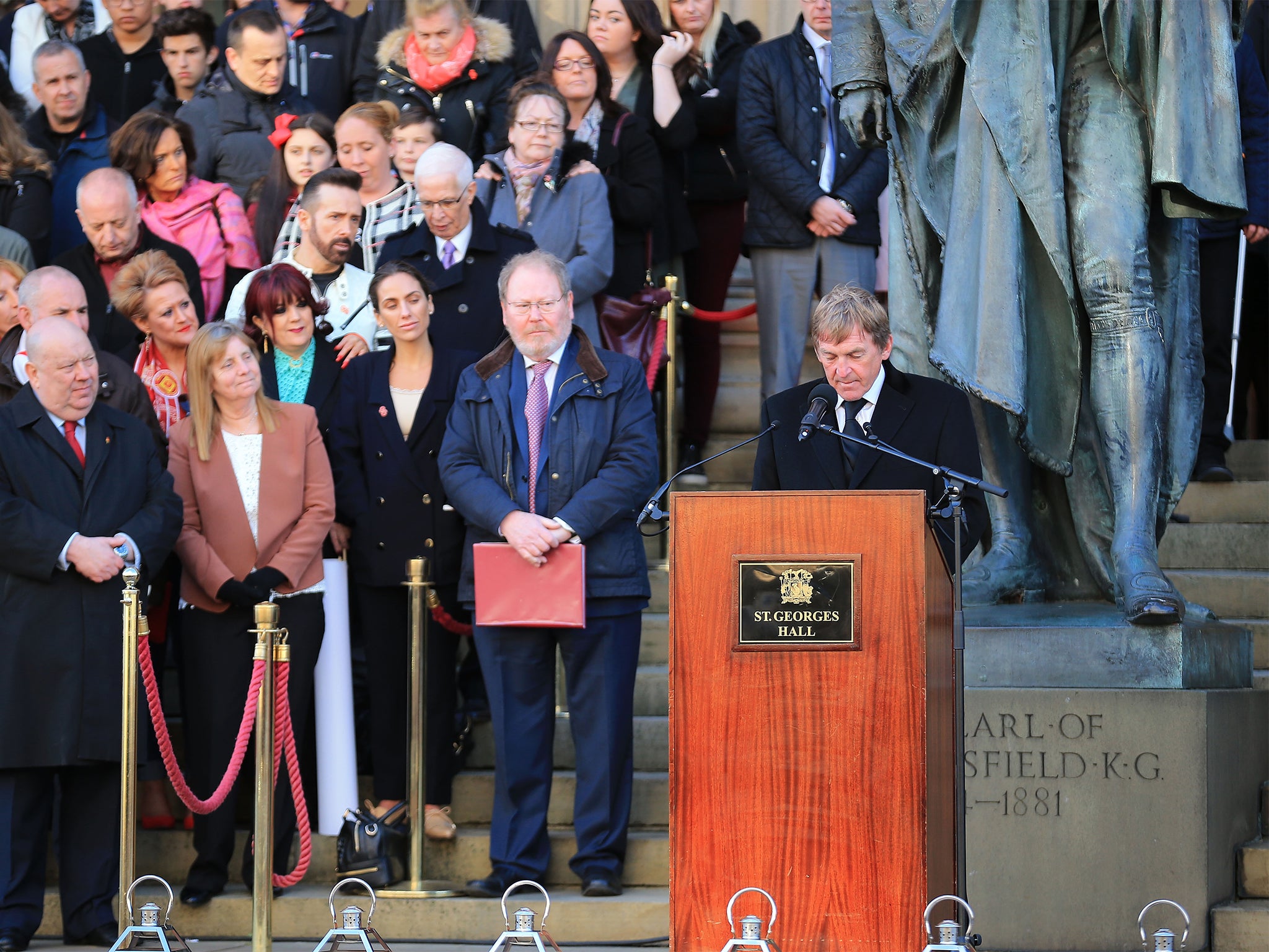 Kenny Dalglish, the football club's manager at the time of the disaster, gives a speech