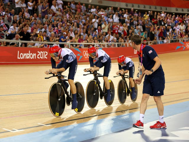 Team GB's Dani King, Laura Trott, and Joanna Rowsell race to victory and set a new world record in the Women's Team Pursuit Track Cycling Finals at London 2012