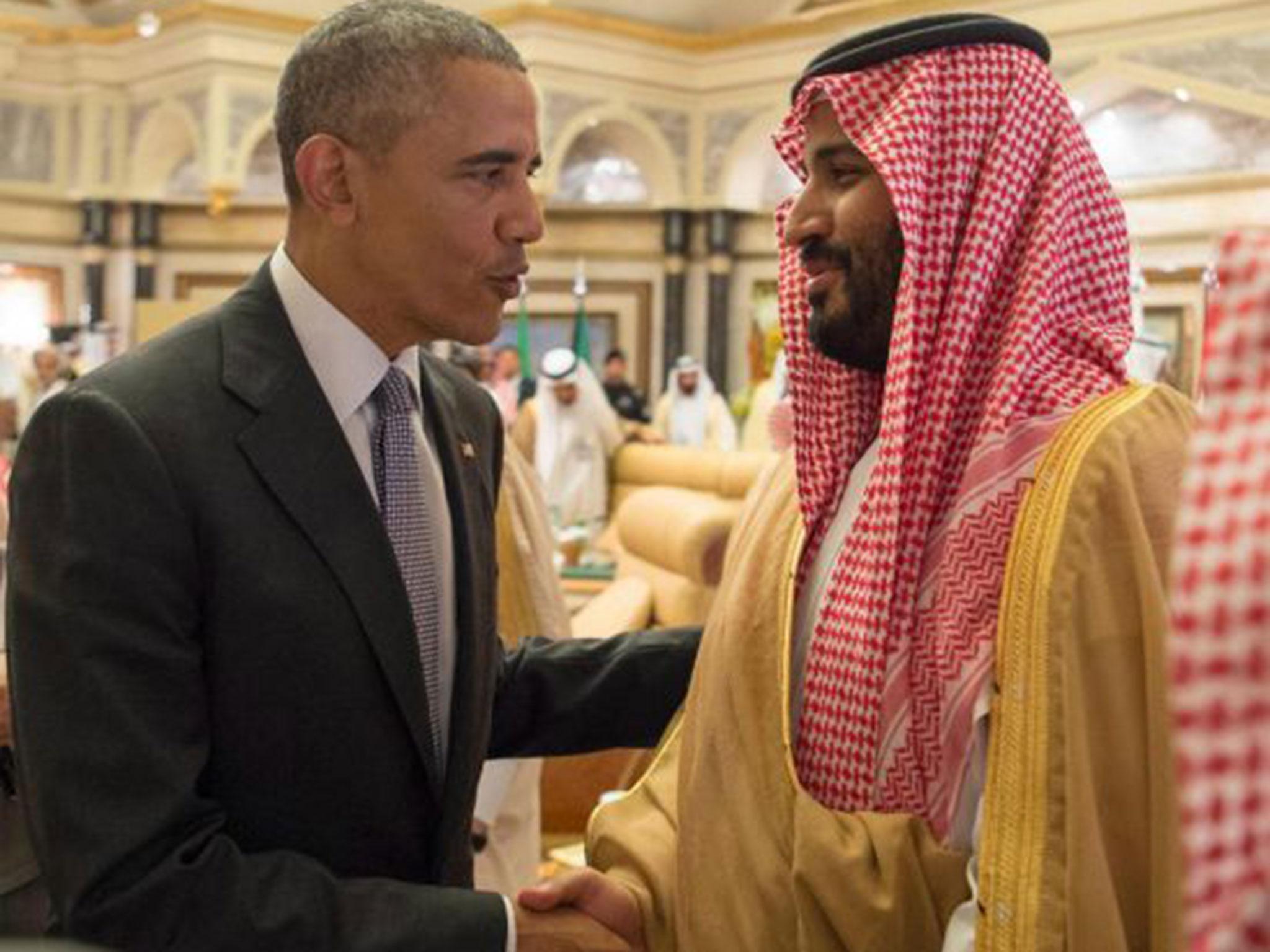 Deputy Crown Prince Mohammad bin Salman, right, welcomes President Obama in Riyadh ahead of a Gulf Cooperation Council summit meeting