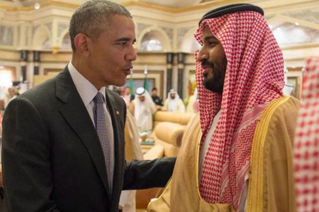 Deputy Crown Prince Mohammad bin Salman, right, welcomes President Obama in Riyadh ahead of a Gulf Cooperation Council summit meeting
