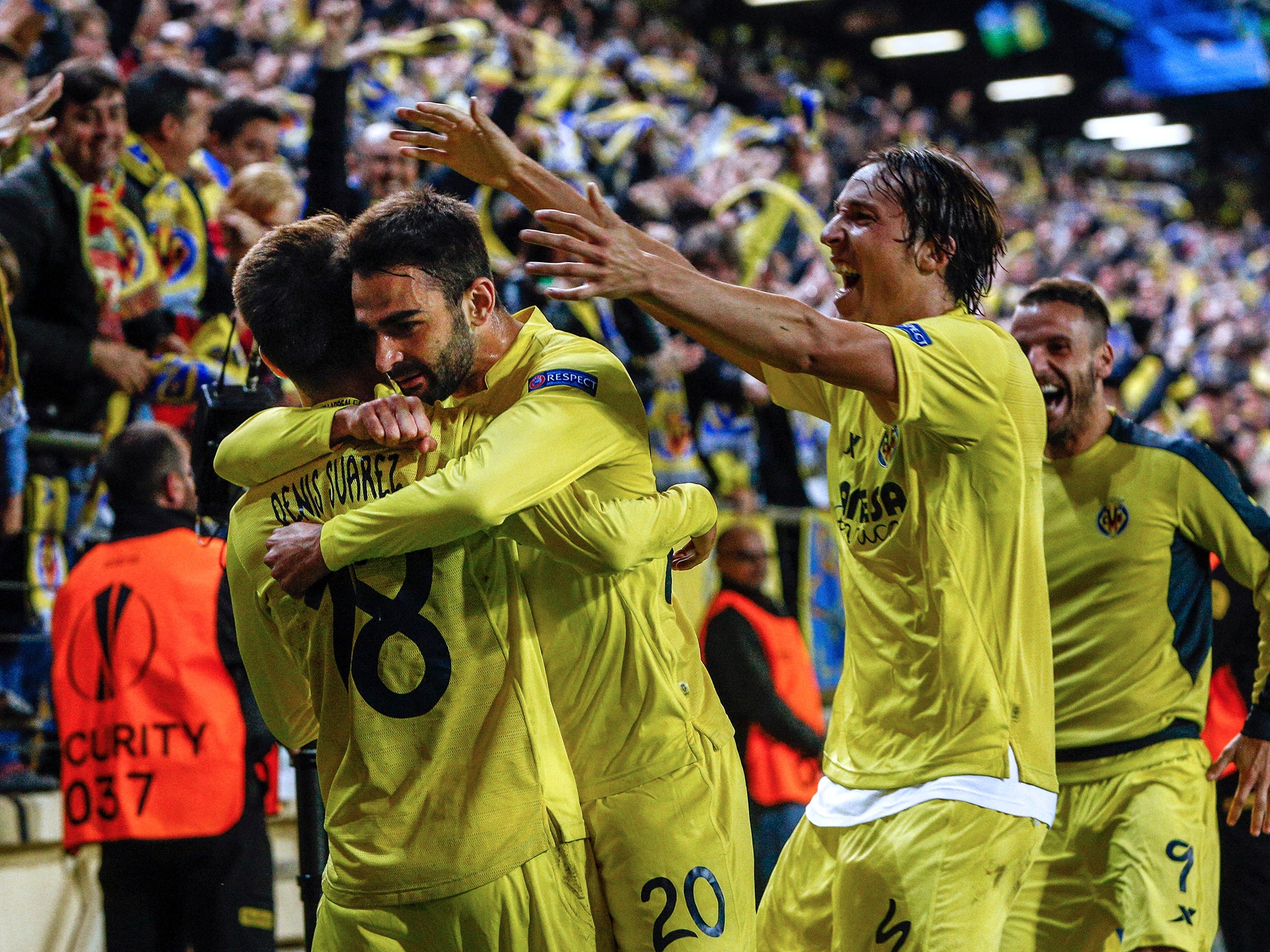 Adrian Lopez celebrates his late winning goal for Villarreal