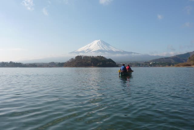 Canoeing on Lake Kawaguchi, with a view of Mt Fuji
