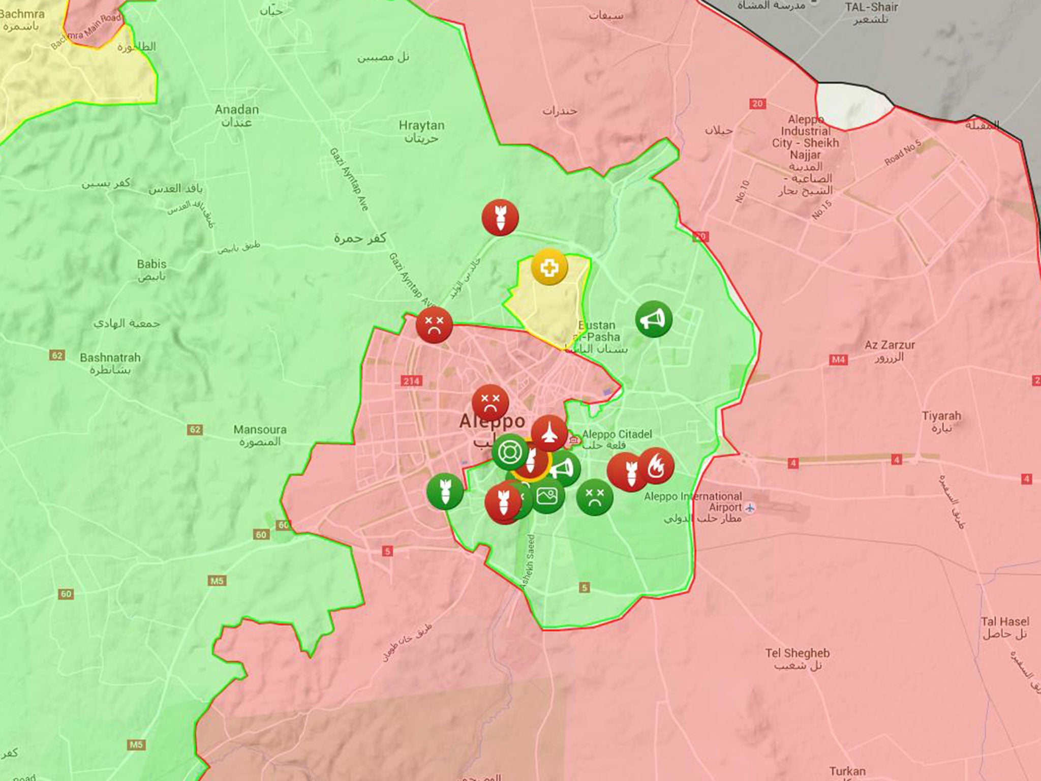 The situation Aleppo showing the situation on 30 April 2016. Regime areas and attacks are shown in red, rebels in green, Kurds in yellow and Isis in black.