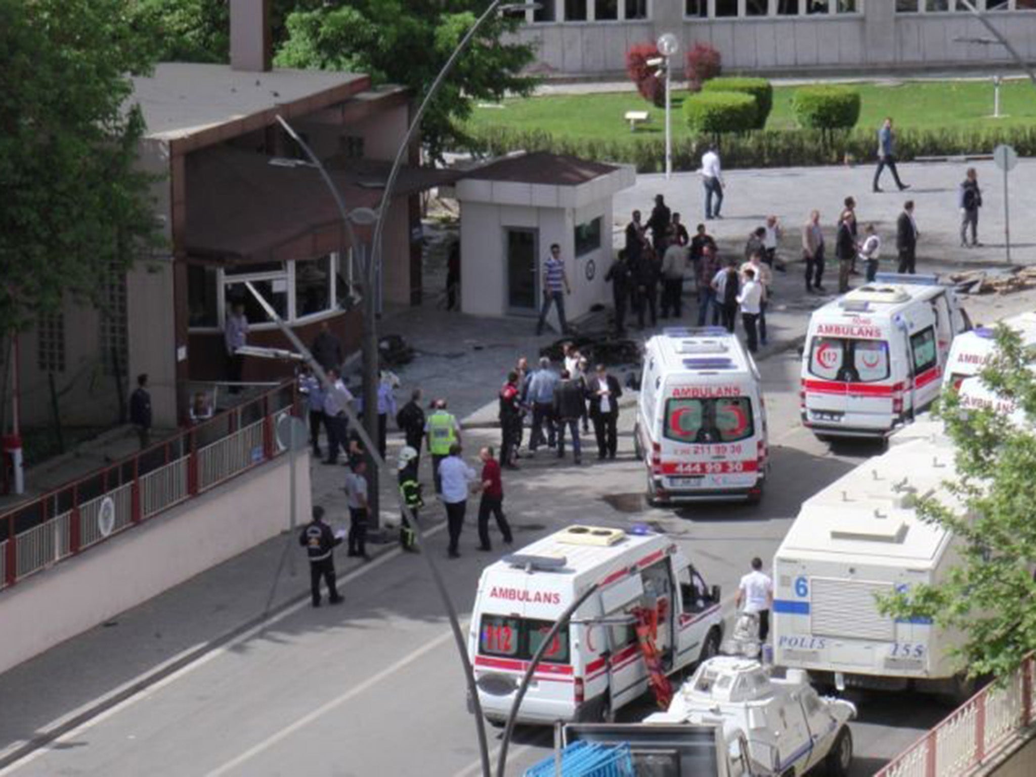 Ambulances at the scene at Gaziantep police station in southern Turkey