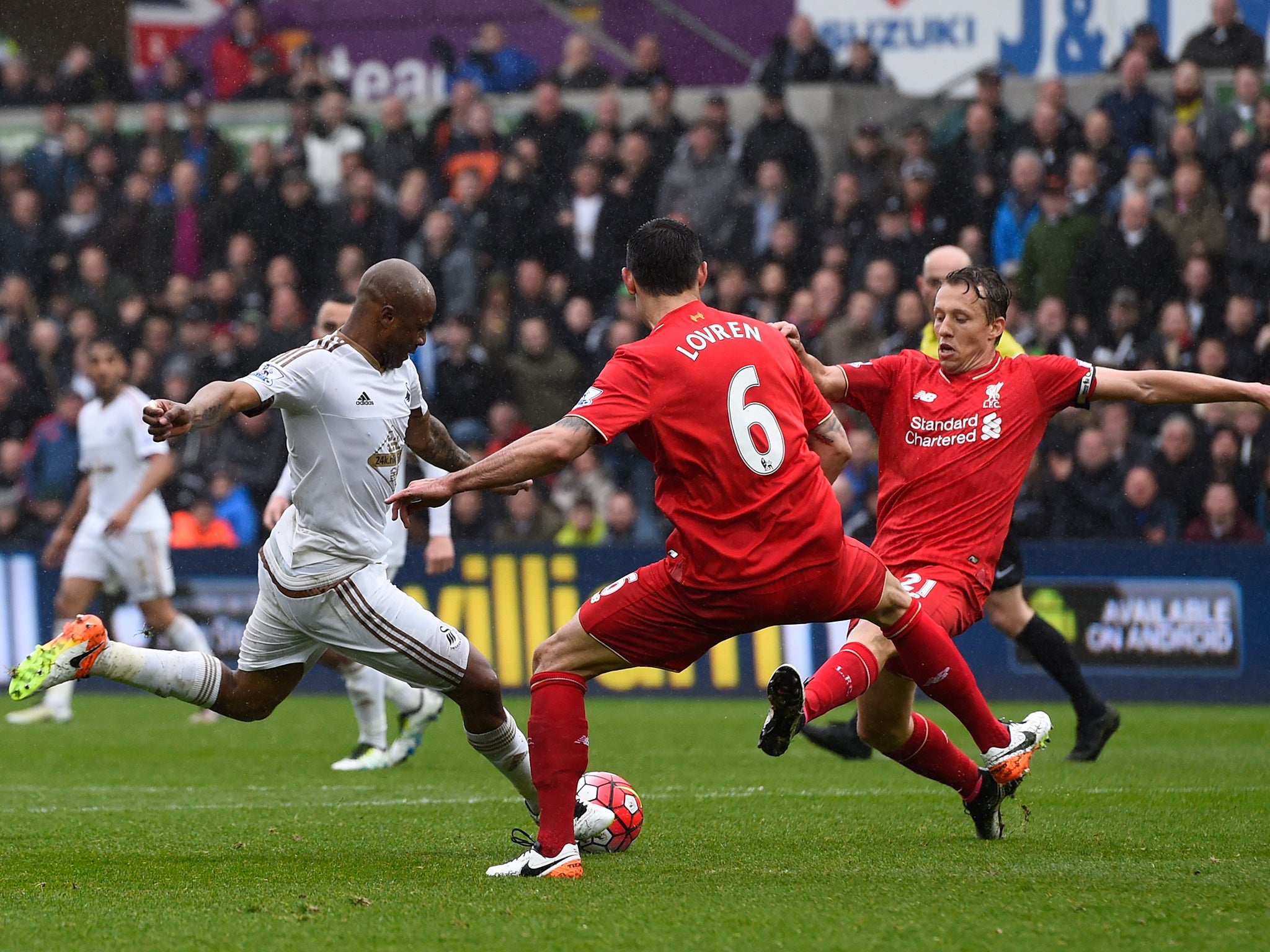 Andre Ayew scores his second of the game against Liverpool