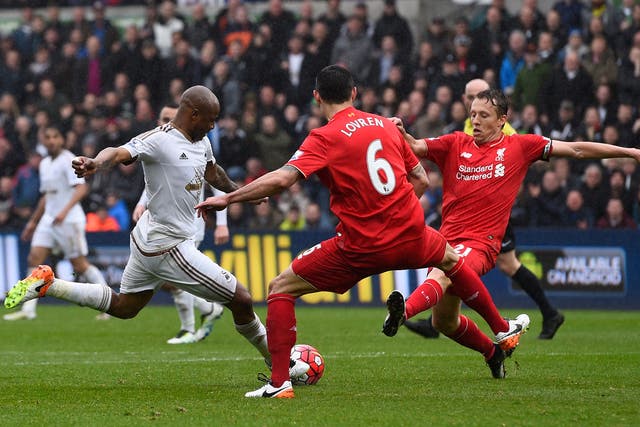Andre Ayew scores his second of the game against Liverpool