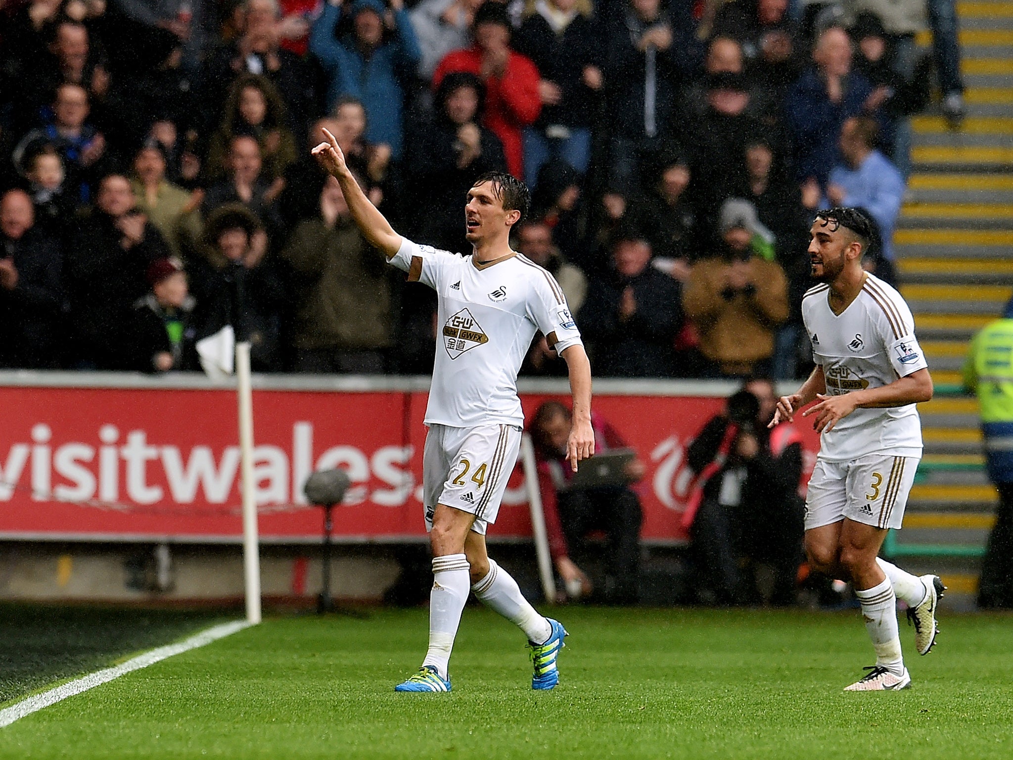 Jack Cork celebrates Swansea's second goal of the game