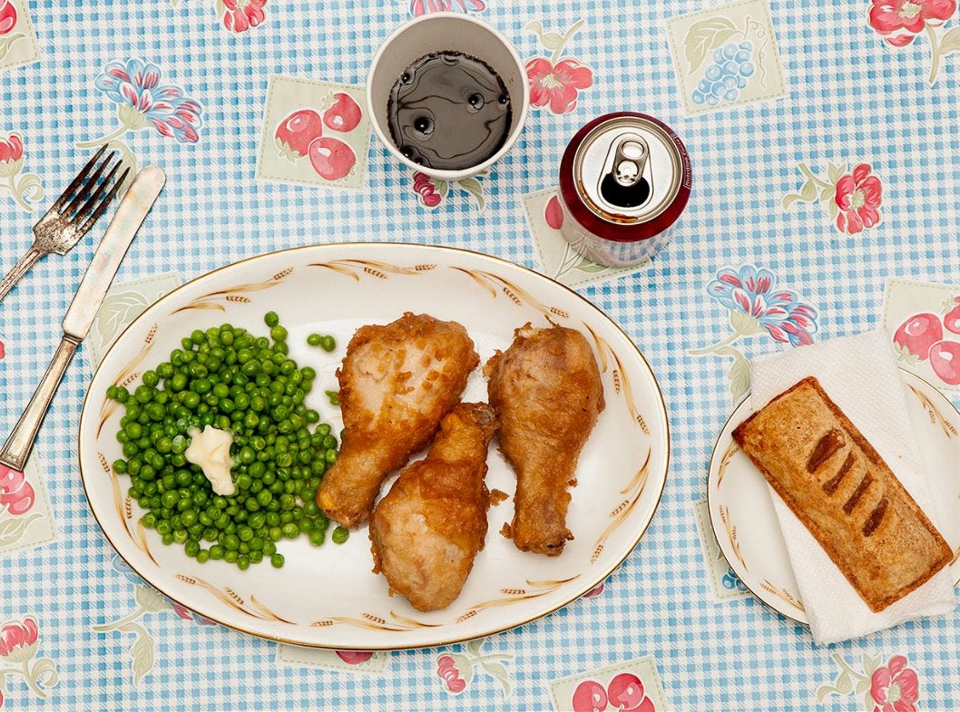 Fried chicken, peas with butter, apple pie, Dr. Pepper
