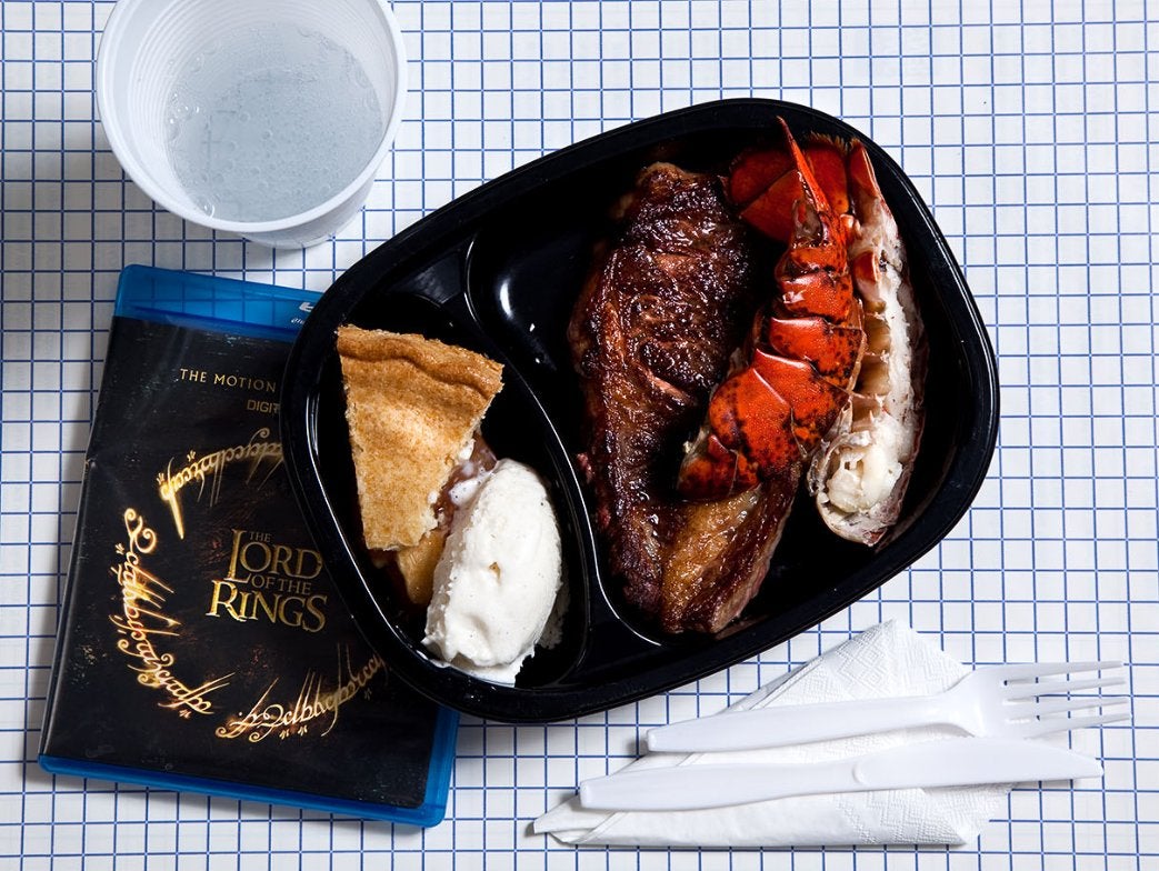 Lobster tail, steak, apple pie, vanilla ice cream, eaten while watching the "Lord of the Rings" trilogy