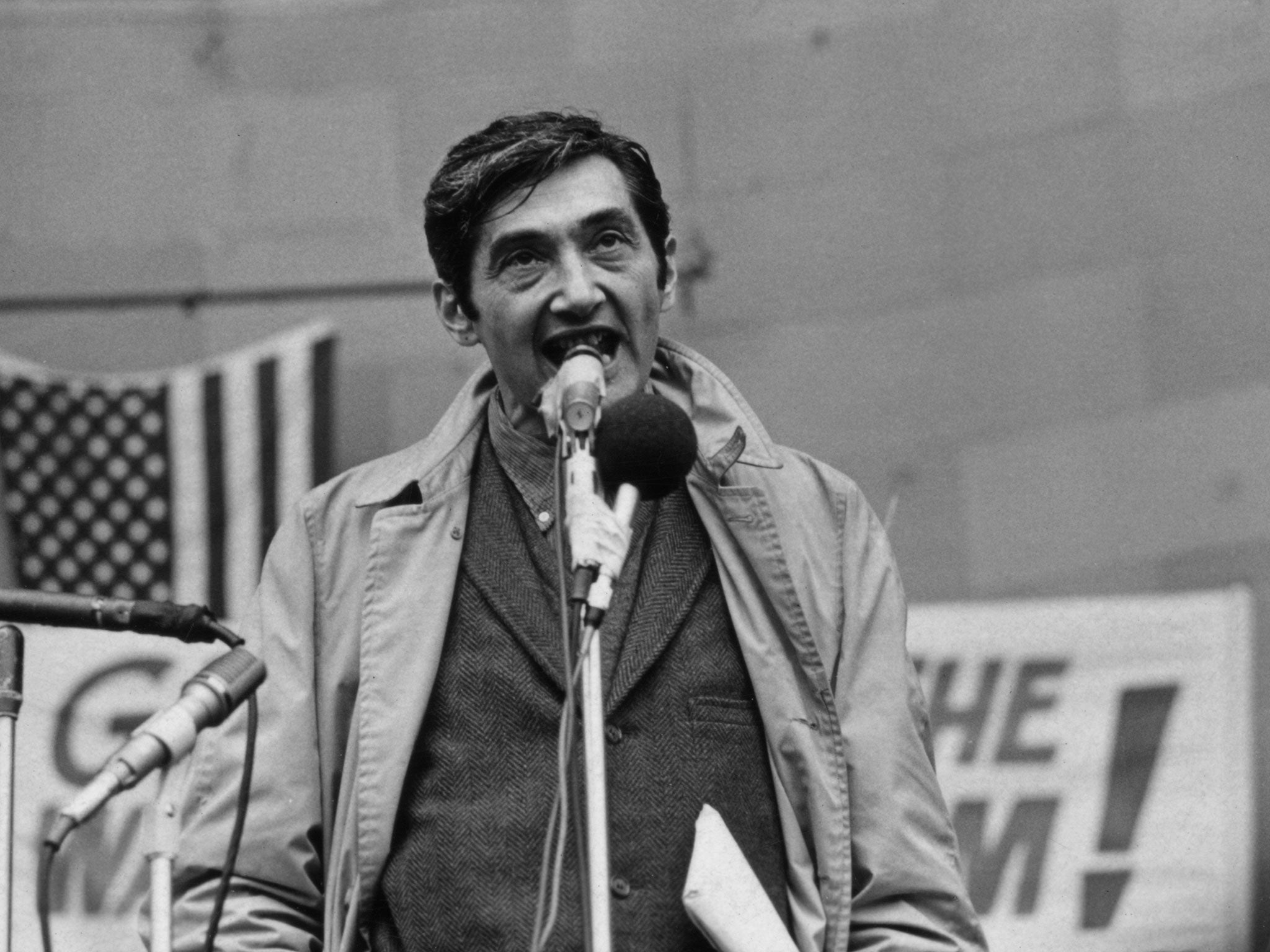 American peace activist and former priest Daniel J. Berrigan addresses the crowd at an anti-Vietnam War demonstration outside the 1968 Democratic National Convention, Chicago, Illinois, August 1968