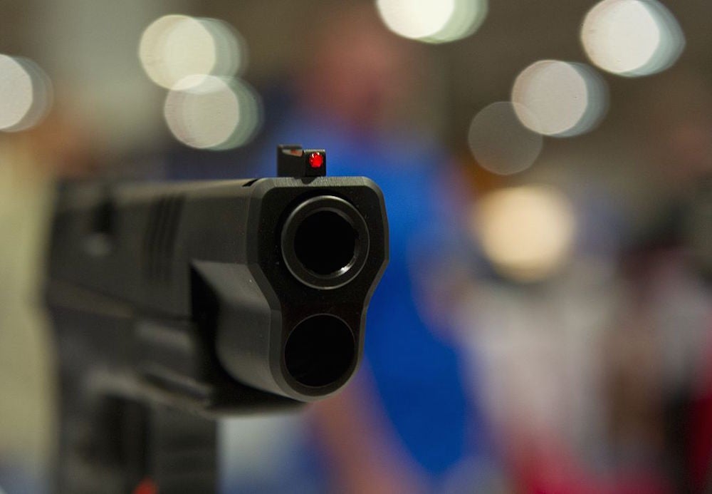 A semi-automatic handgun is shown at the 2015 NRA Annual Convention in Nashville, Tennessee on April 10, 2015.
