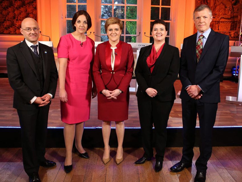 (left to right) Scottish Green Party co-convener Patrick Harvie, Scottish Labour Party leader Kezia Dugdale, First Minister and leader of the Scottish National Party Nicola Sturgeon, Scottish Conservative leader Ruth Davidson and Scottish Liberal Democrat leader Willie Rennie, ahead of the Leaders Debate which will take place at Hopetoun House, as part of BBC Scotland's coverage of the 2016 Scottish Parliament elections