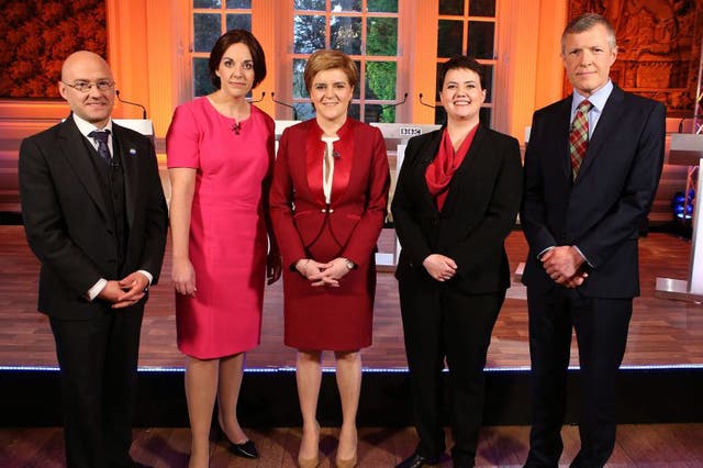 (left to right) Scottish Green Party co-convener Patrick Harvie, Scottish Labour Party leader Kezia Dugdale, First Minister and leader of the Scottish National Party Nicola Sturgeon, Scottish Conservative leader Ruth Davidson and Scottish Liberal Democrat leader Willie Rennie, ahead of the Leaders Debate which will take place at Hopetoun House, as part of BBC Scotland's coverage of the 2016 Scottish Parliament elections