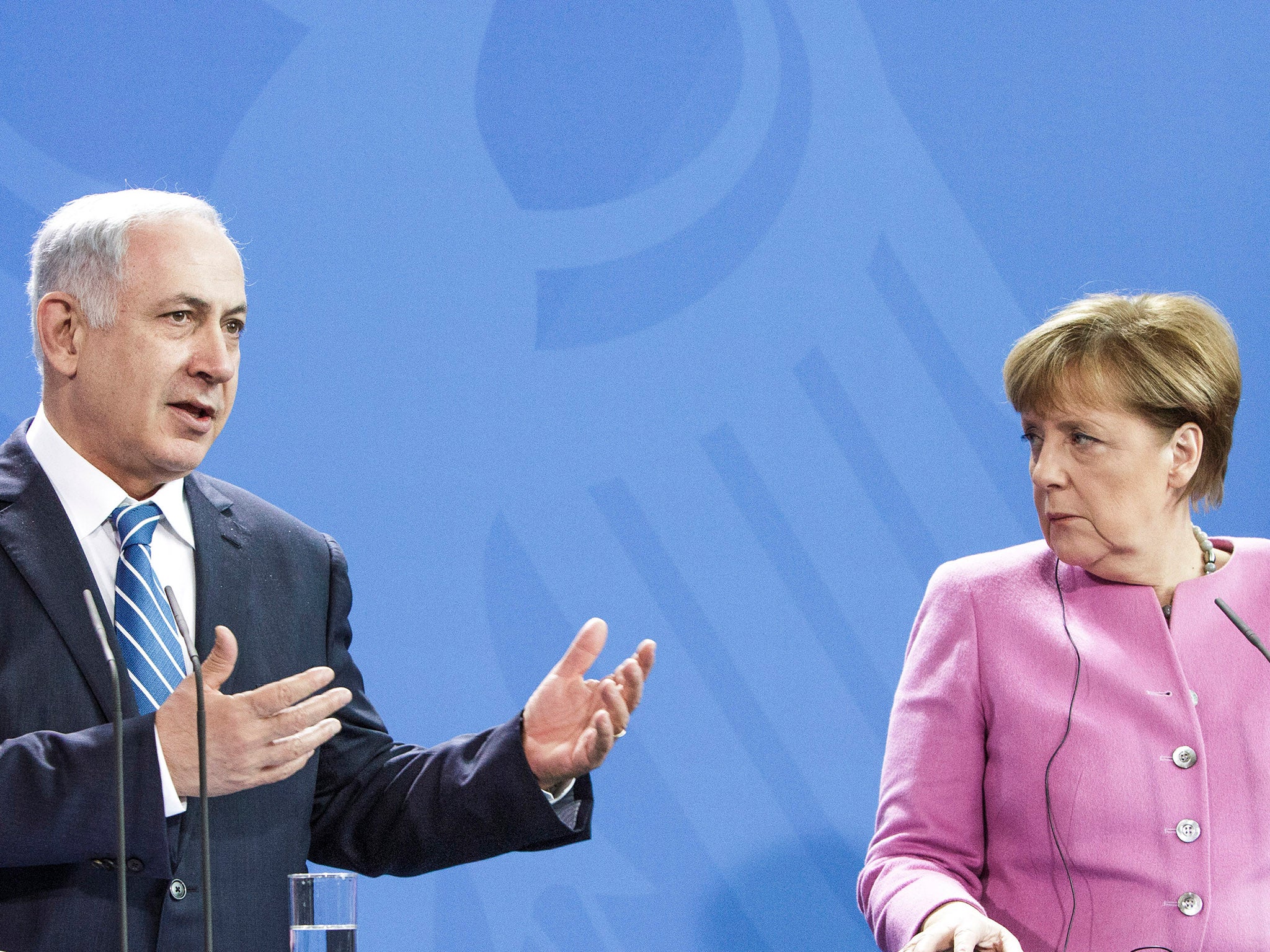 German Chancellor Angela Merkel and Israeli Prime Minister Benjamin Netanyahu speaking in Berlin in February