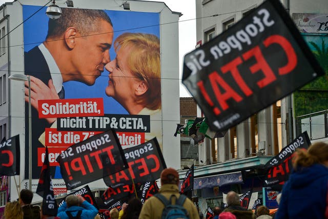 Protesters in Hanover ahead of TTIP talks with US President Obama