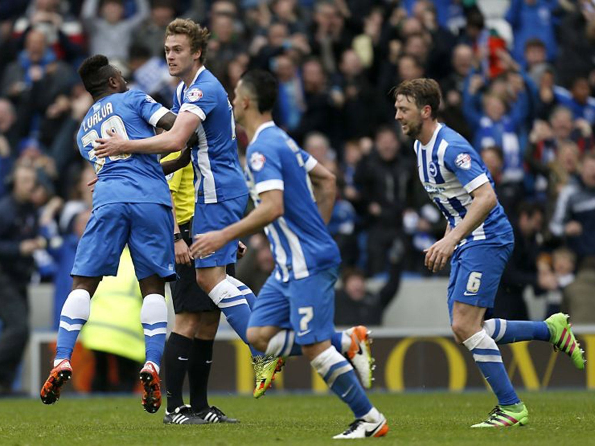 James Wilson celebrates after scoring a late equaliser for Brighton & Hove Albion
