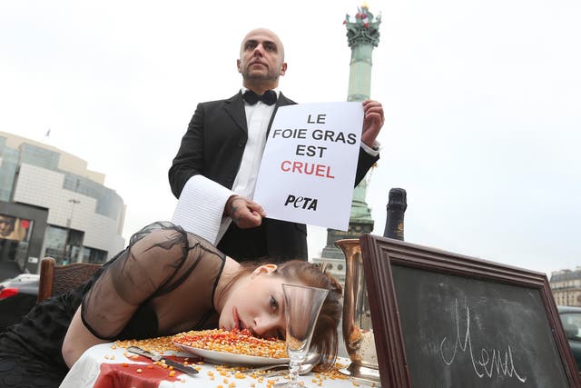 Peta protesting against foie gras production in Paris in 2012