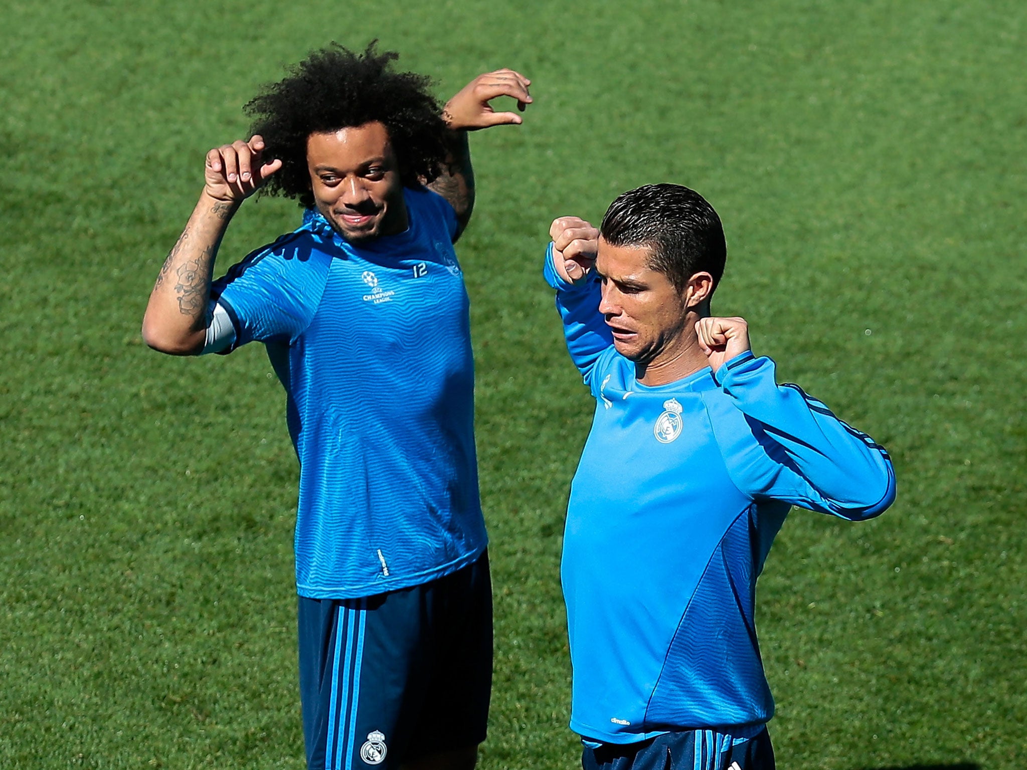 Cristiano Ronaldo trains alongside Marcelo
