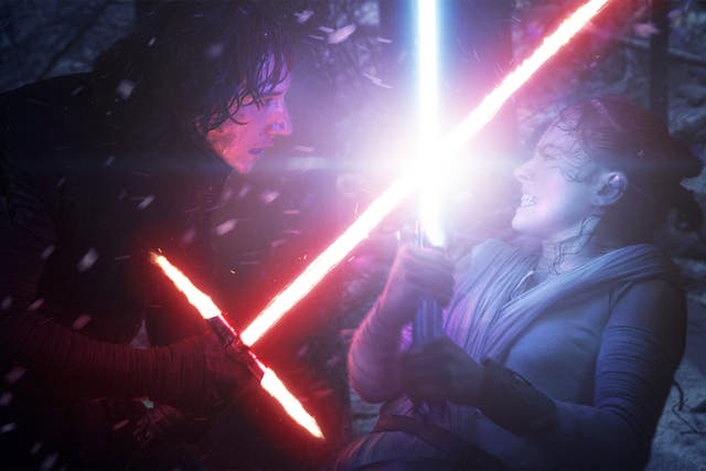 Kylo Ren (Adam Driver) and Rey (Daisy Ridley) in 'Star Wars: The Force Awakens'