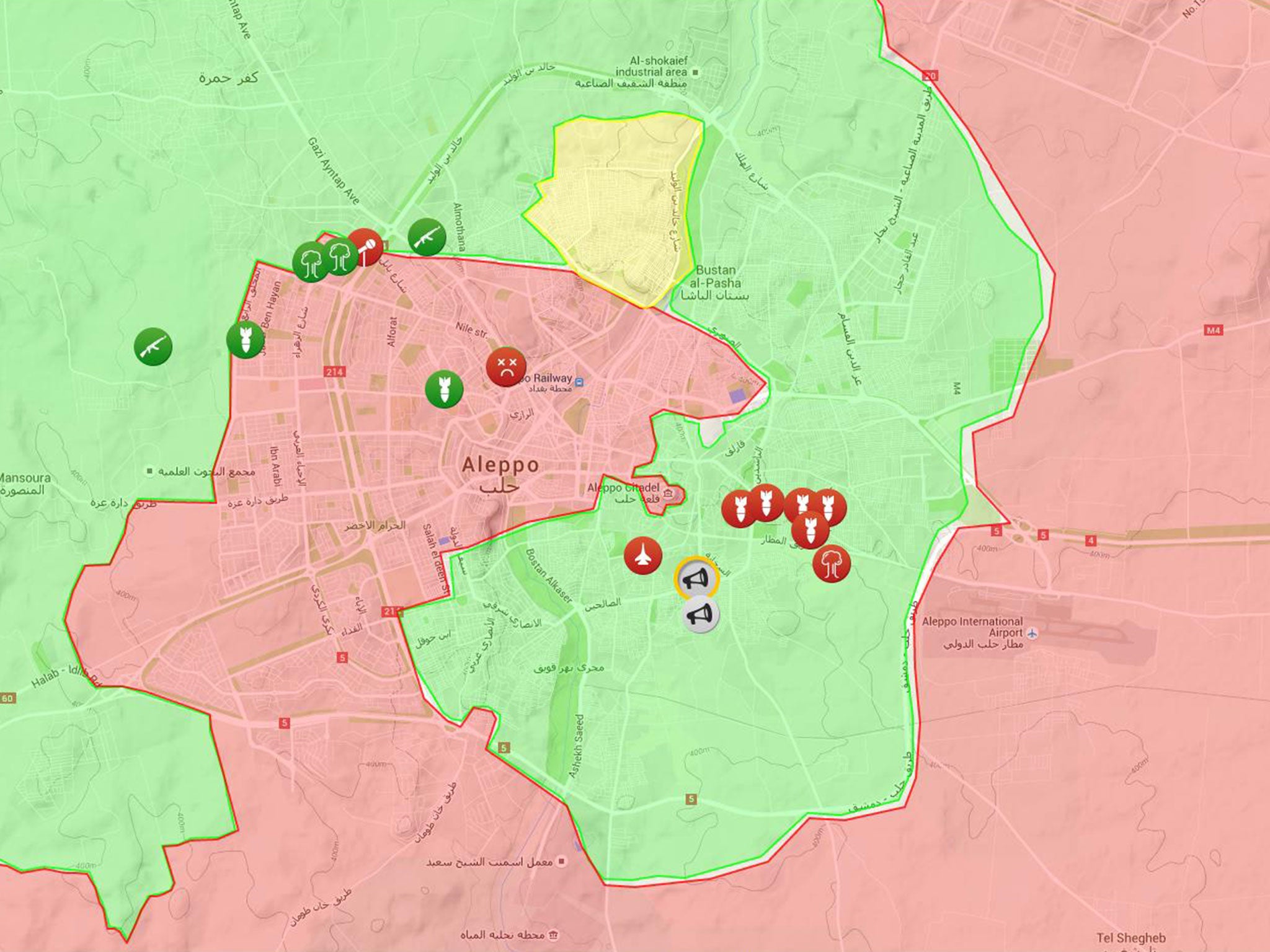 A map showing reported regime and rebel attacks in Aleppo on Tuesday. Regime territory, attacks and deaths are shown in red, rebels in green and Kurds in yellow.