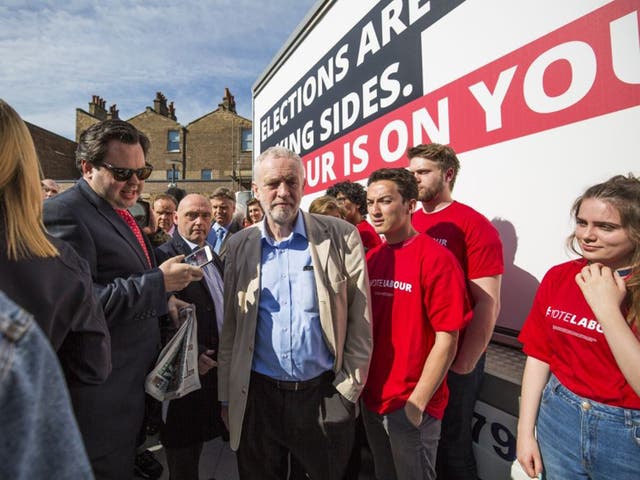 Labour leader, Jeremy Corbyn leaves after delivering a speech at The Clarence Centre for Enterprise & Innovation on May 3