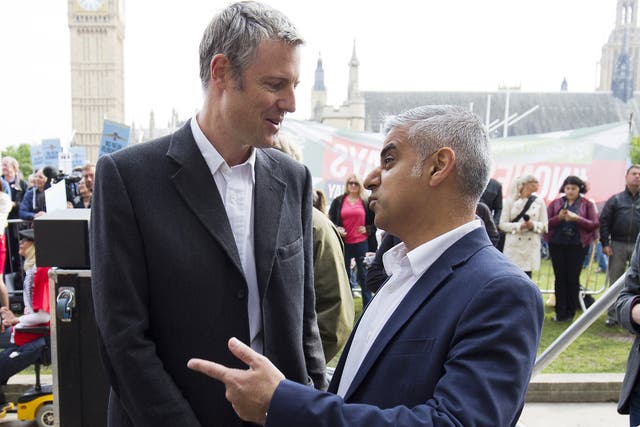 Zac Goldsmith and Sadiq Khan attend a rally against a third runway at Heathrow airport, in Parliament Square on October 10, 2015 in London