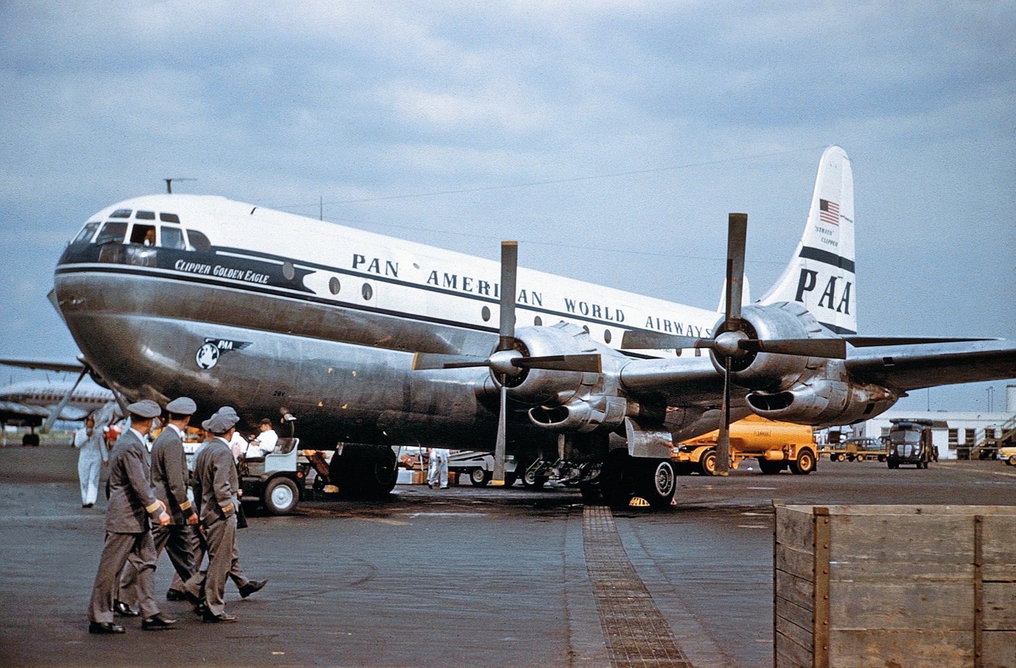 A Pan Am crew checks out the Boeing Stratocruiser N1029V Clipper Golden Eagle in 1954