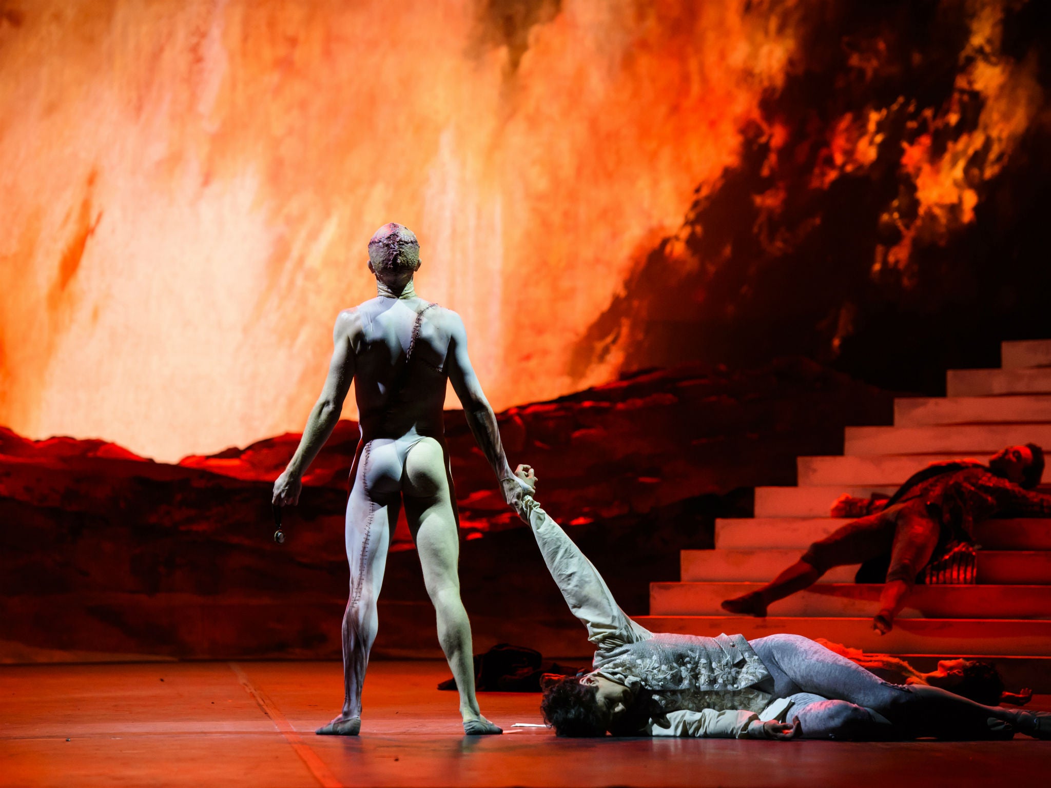 Lucid and well-danced: Steven McRae as The Creature, Federico Bonelli as Victor Frankenstein and Alexander Campbell as Clerval in Frankenstein at Royal Opera House