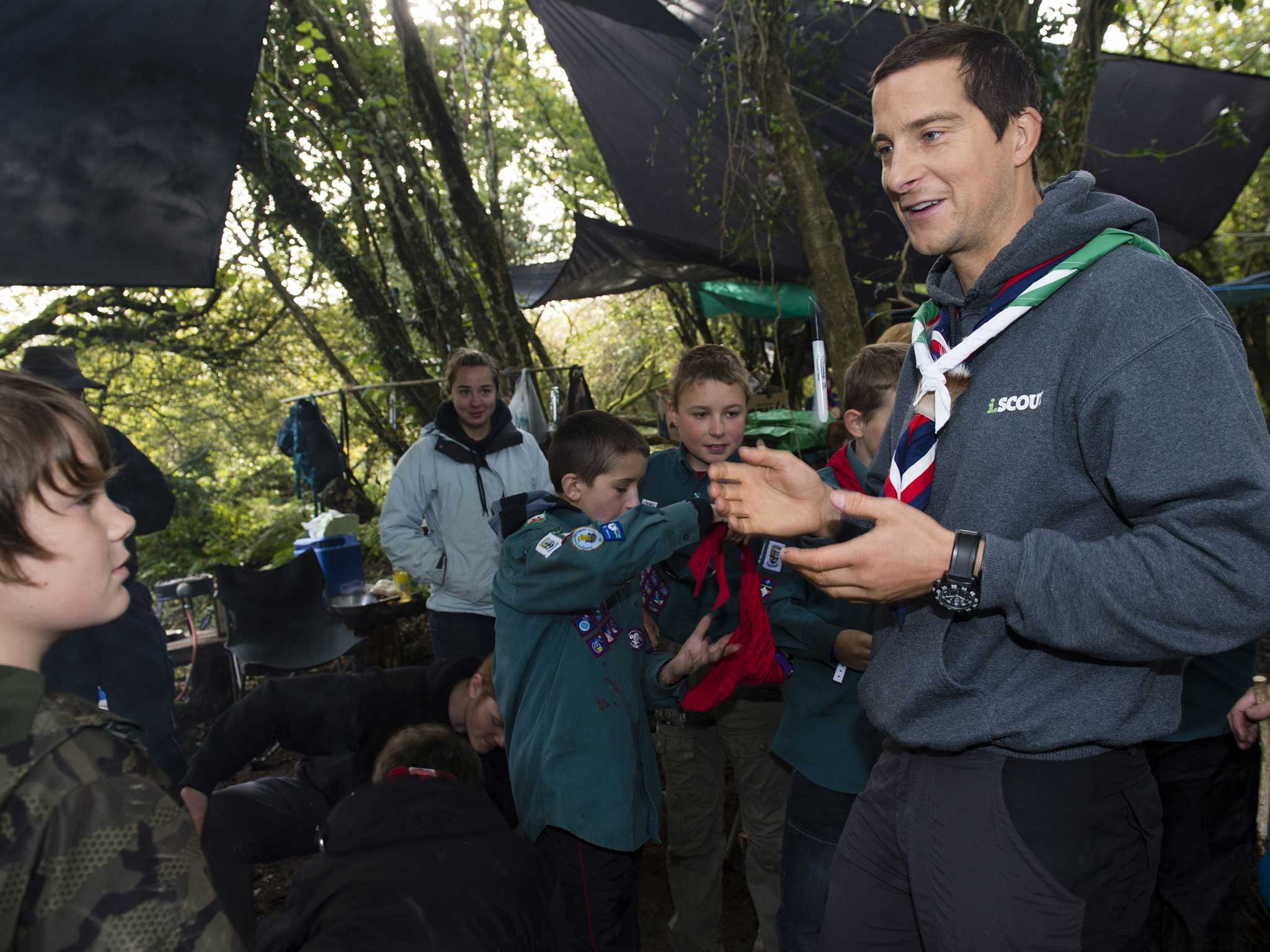 Chief Scout Bear Grylls meets scouts at a camp in Ceredigion, Wales
