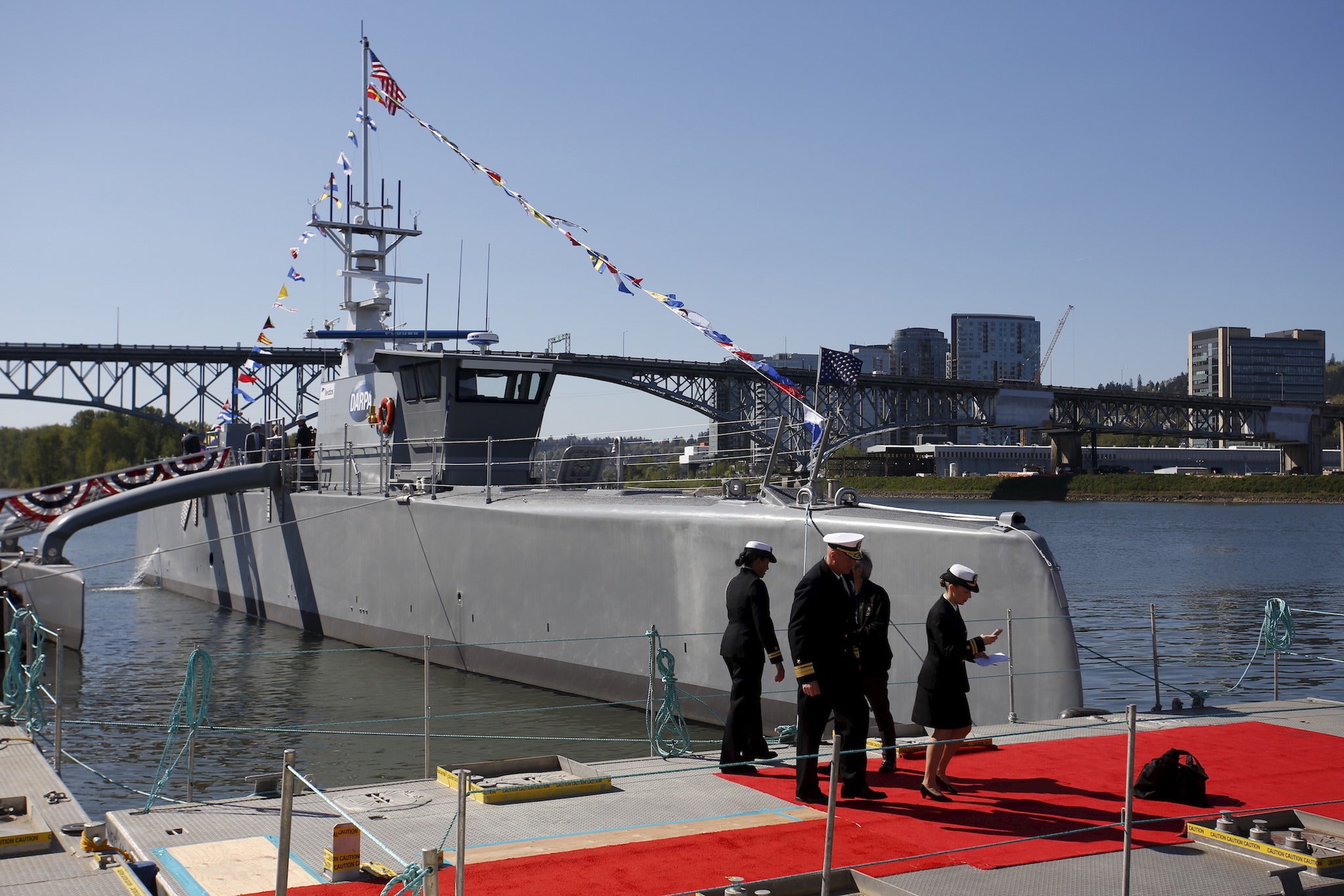 The autonomous ship "Sea Hunter", developed by DARPA, is shown dockedn after its christening ceremony in Portland, Oregon, April 7, 2016
