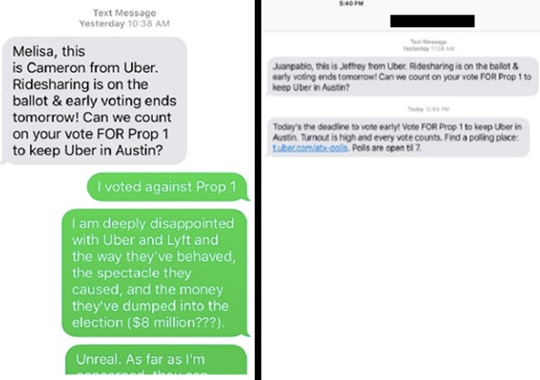 Images of text messages allegedly sent by Uber included in the lawsuit filing