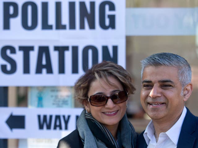 Sadiq Khan with his wife Saadiya after casting their votes at a polling station in Streatham, south west London